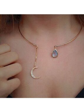 Elegant Gold Tone Blue Teardrop and Crescent Moon Open Front Necklace/Choker